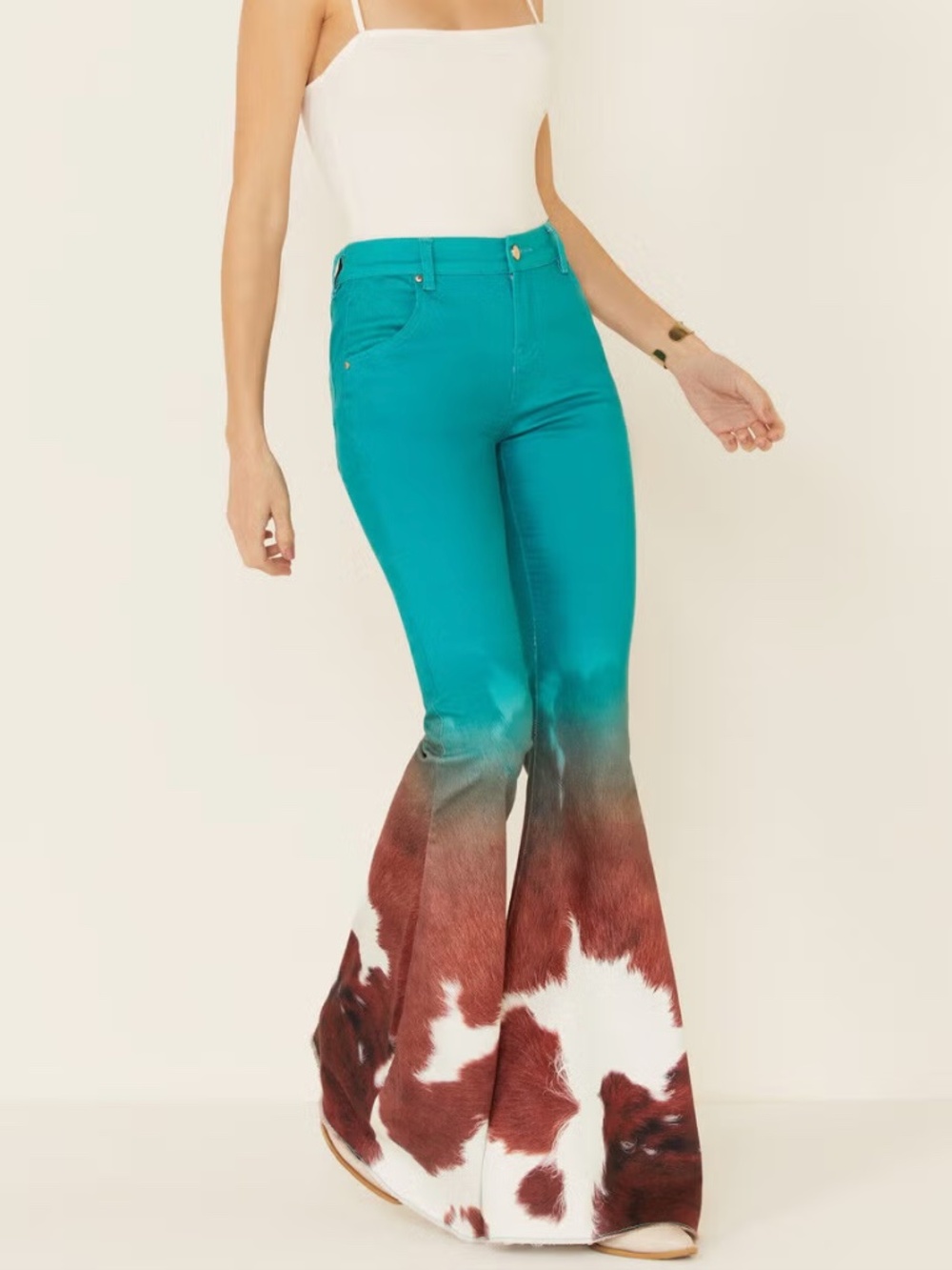 Ranch Dress'n Super Flare Jeans Womens 2 Jade Cowhide Print Cowgirl Western